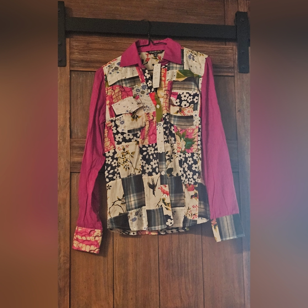 Chaudry Patch Work Button Down Blouse NWT - image 1